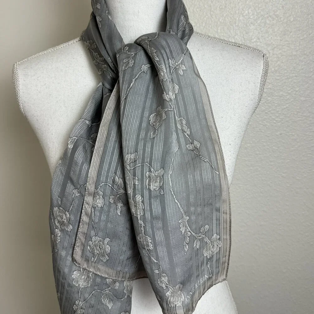 Anne Klein Silk scarf Gray Floral Stripped